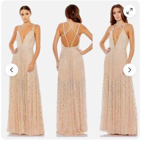 MAC DUGGAL 93701 DEEP V-NECK SLEEVELESS STRAPPY BACK NUDE SILVER GOWN sz 14